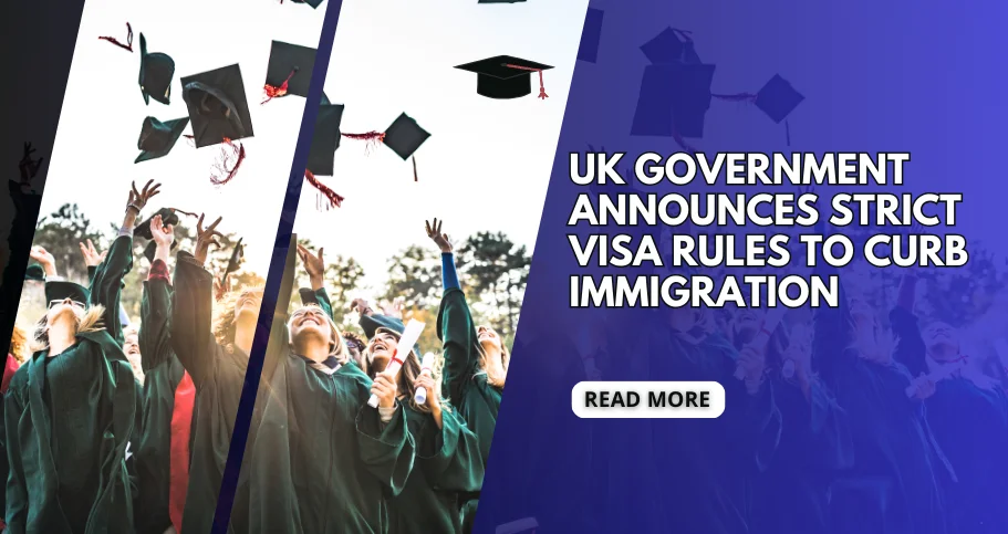 Graduates in caps and gowns celebrate by tossing hats in the air. Text on the image: "UK Government announces strict visa rules to curb immigration.