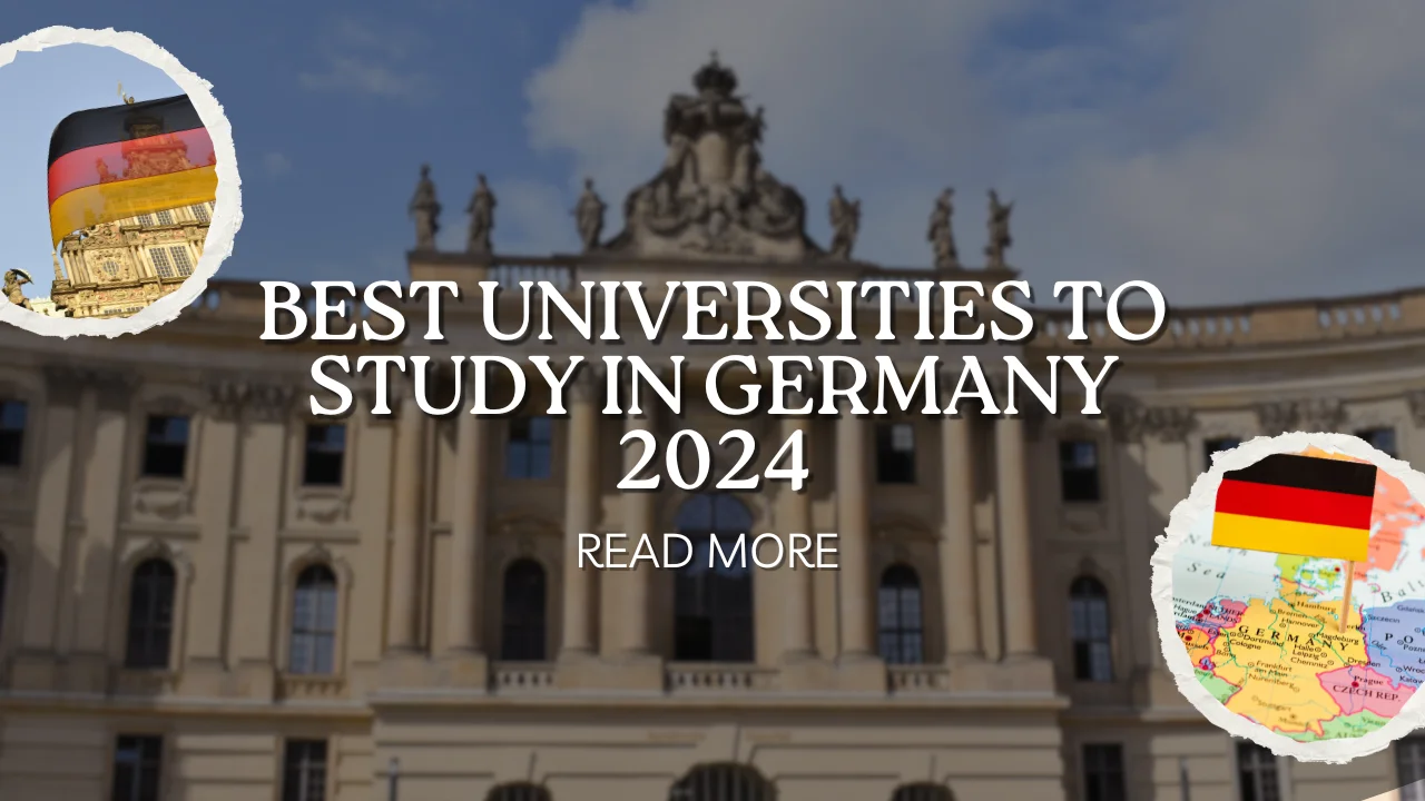 Text: "Best Universities to Study in Germany 2024. Read More." Background shows a neoclassical building with a statue on top.