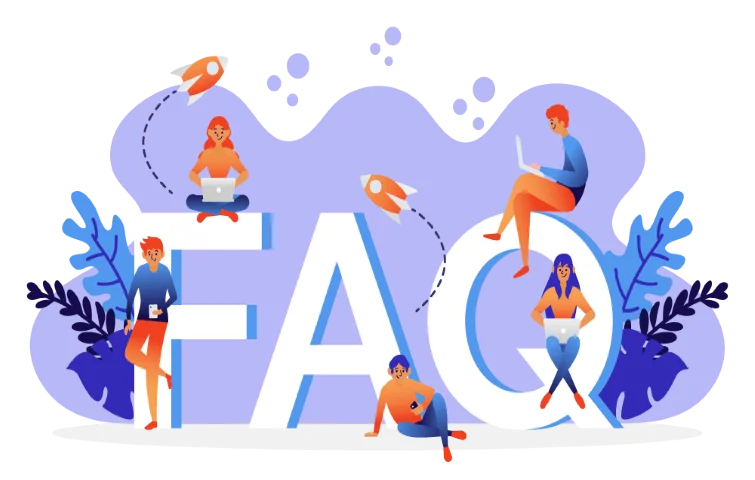 Illustration of people with laptops sitting and standing on large "FAQ" letters surrounded by plants and rockets against a purple background.