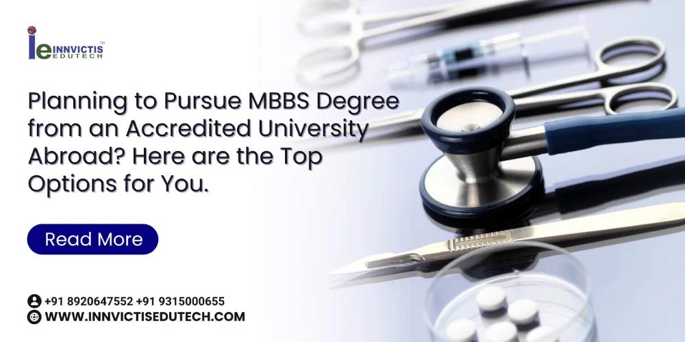 Medical-themed image with a stethoscope, pills, and tools. Text promotes pursuing an MBBS degree abroad with contact info and a call to action button reading "Read More.