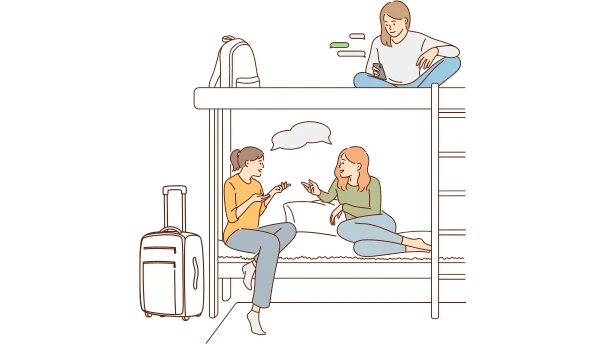 Illustration of two individuals sitting on a bunk bed, engaged in conversation and enjoying each other's company in student accommodation