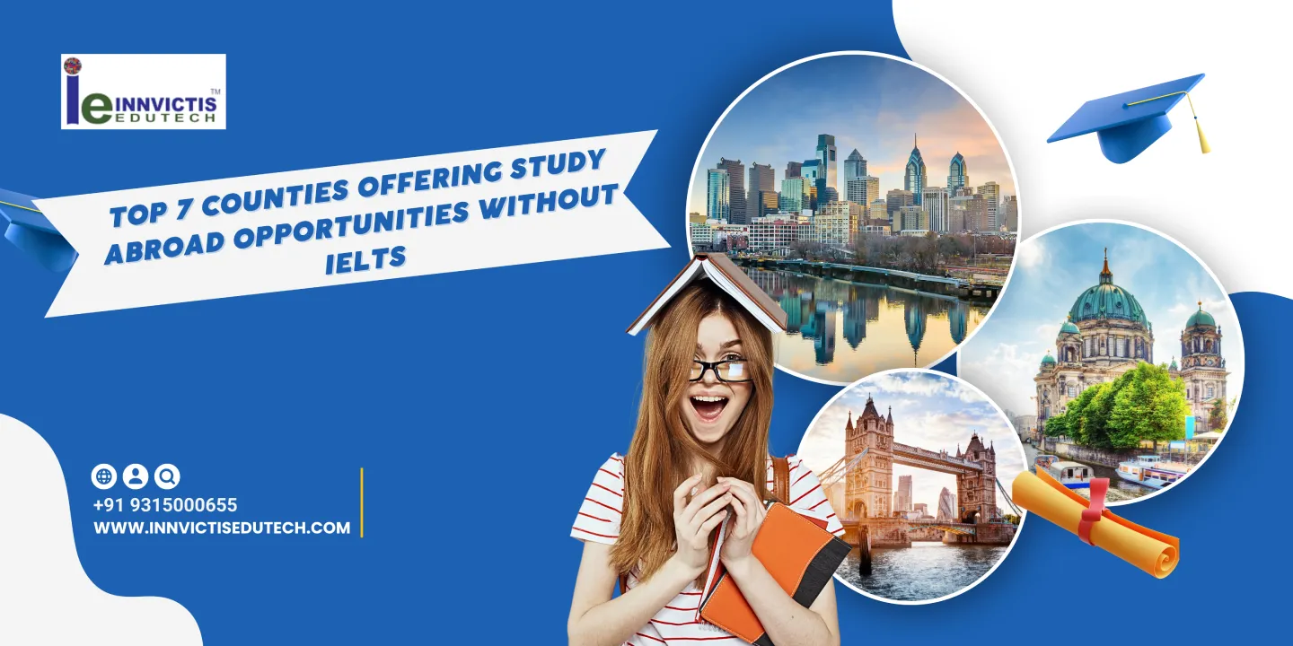 Educational banner highlighting "Top 7 Countries Offering Study Abroad Opportunities Without IELTS," featuring a smiling woman with a book on her head and various city landmarks.