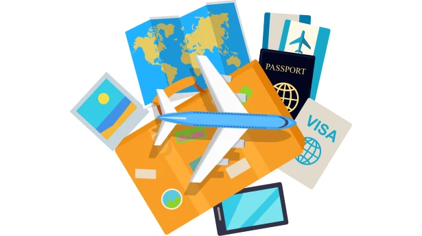 in this images, shows the passport, visa copy, flight ticket and blue color plane